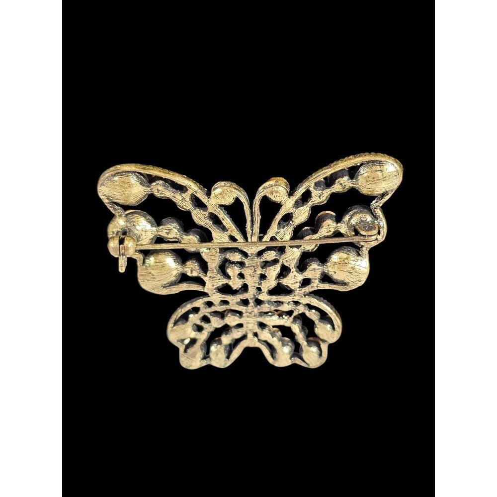 Vintage Butterfly Brooch Amber Yellow Rhinestone Gold Tone Statement Pin - Picture 2 of 6